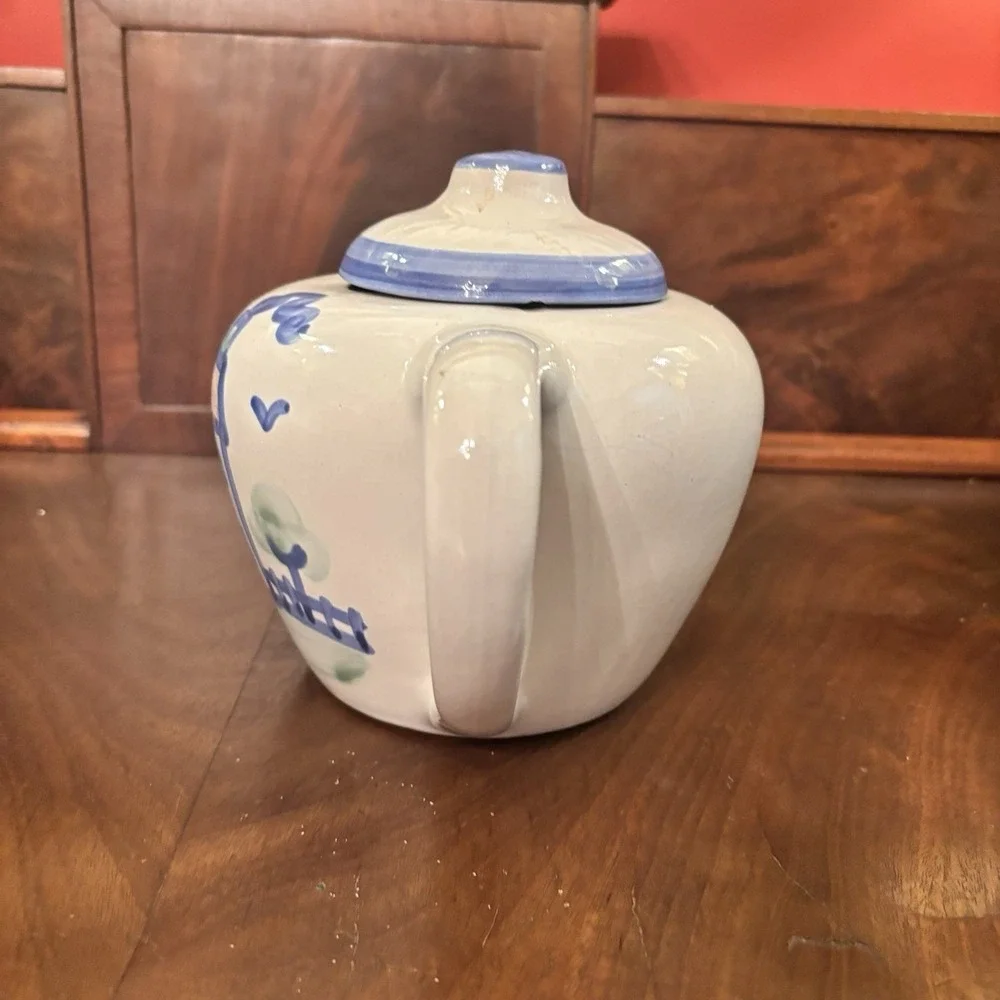 Vintage M.A. Hadley Country Scene Blue House Teapot Hand Painted Pottery